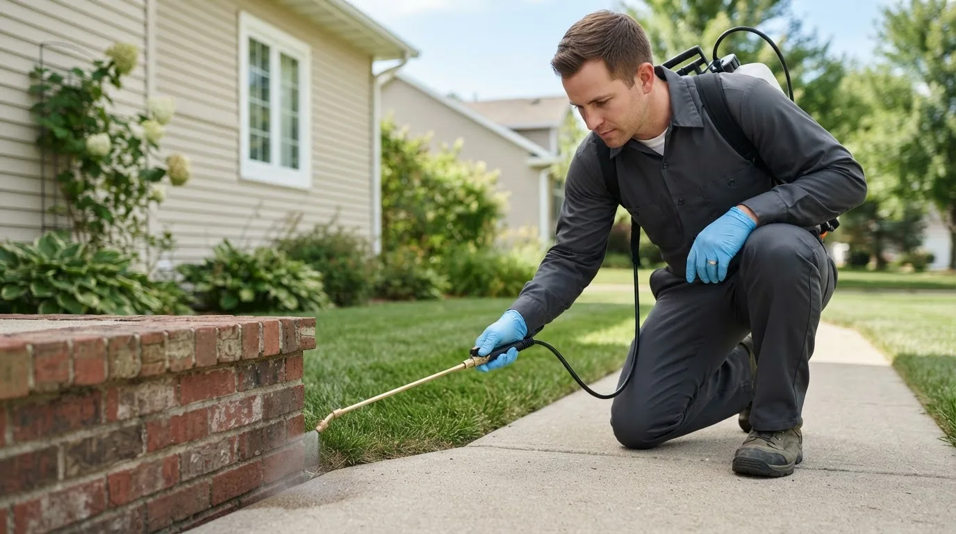 Pest control technician treating a home near Sandborn, IN